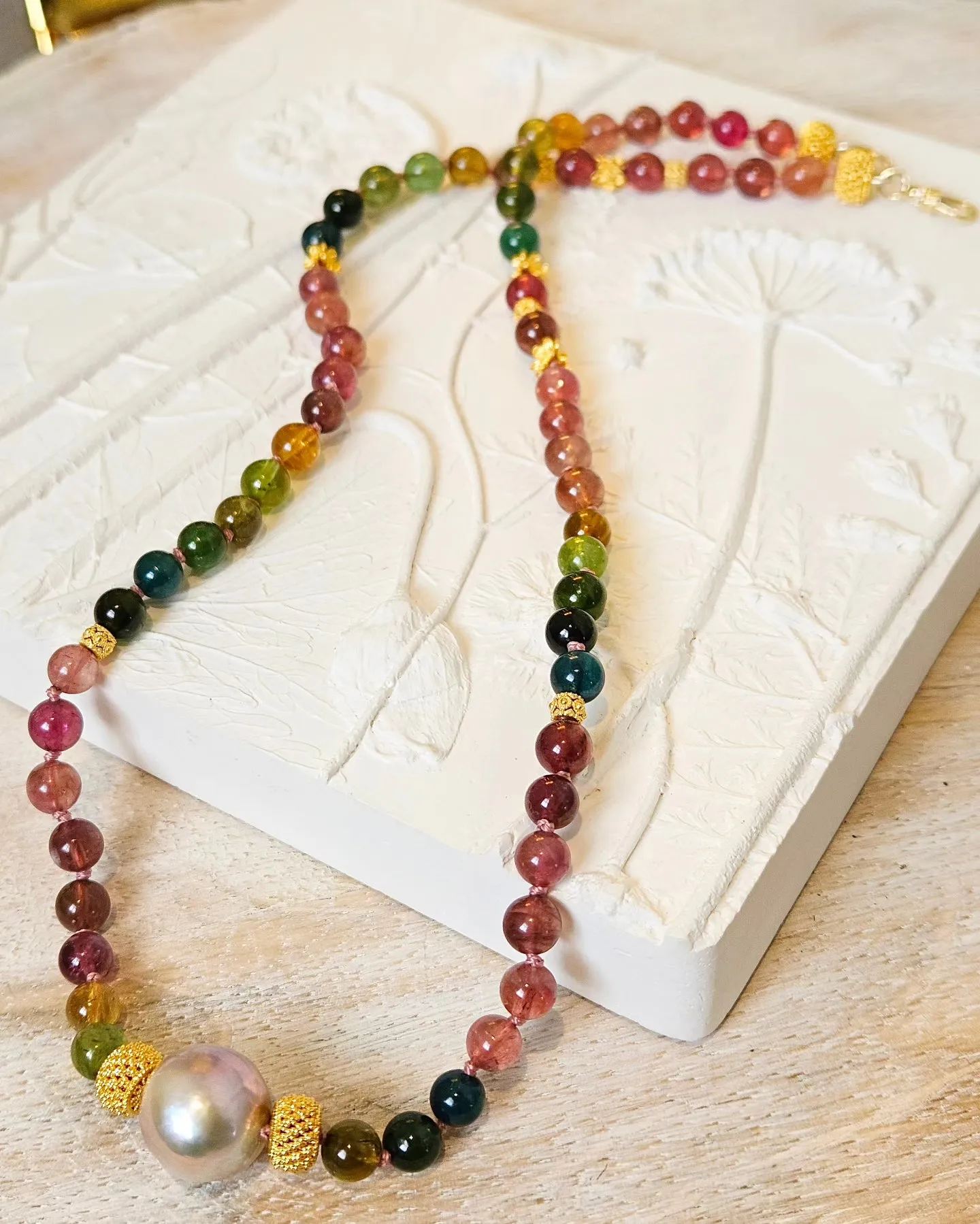 18K Yellow Solid Gold Top Quality Multicolor Tourmaline Necklace with Freshwater Edison Pearl