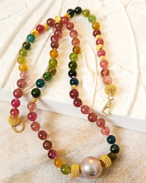 18K Yellow Solid Gold Top Quality Multicolor Tourmaline Necklace with Freshwater Edison Pearl