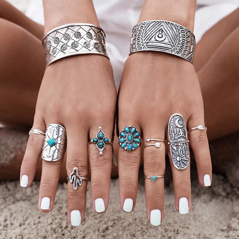 9pcs/Set Vintage Ring Set Unique Carved Antique Silver Knuckle Rings