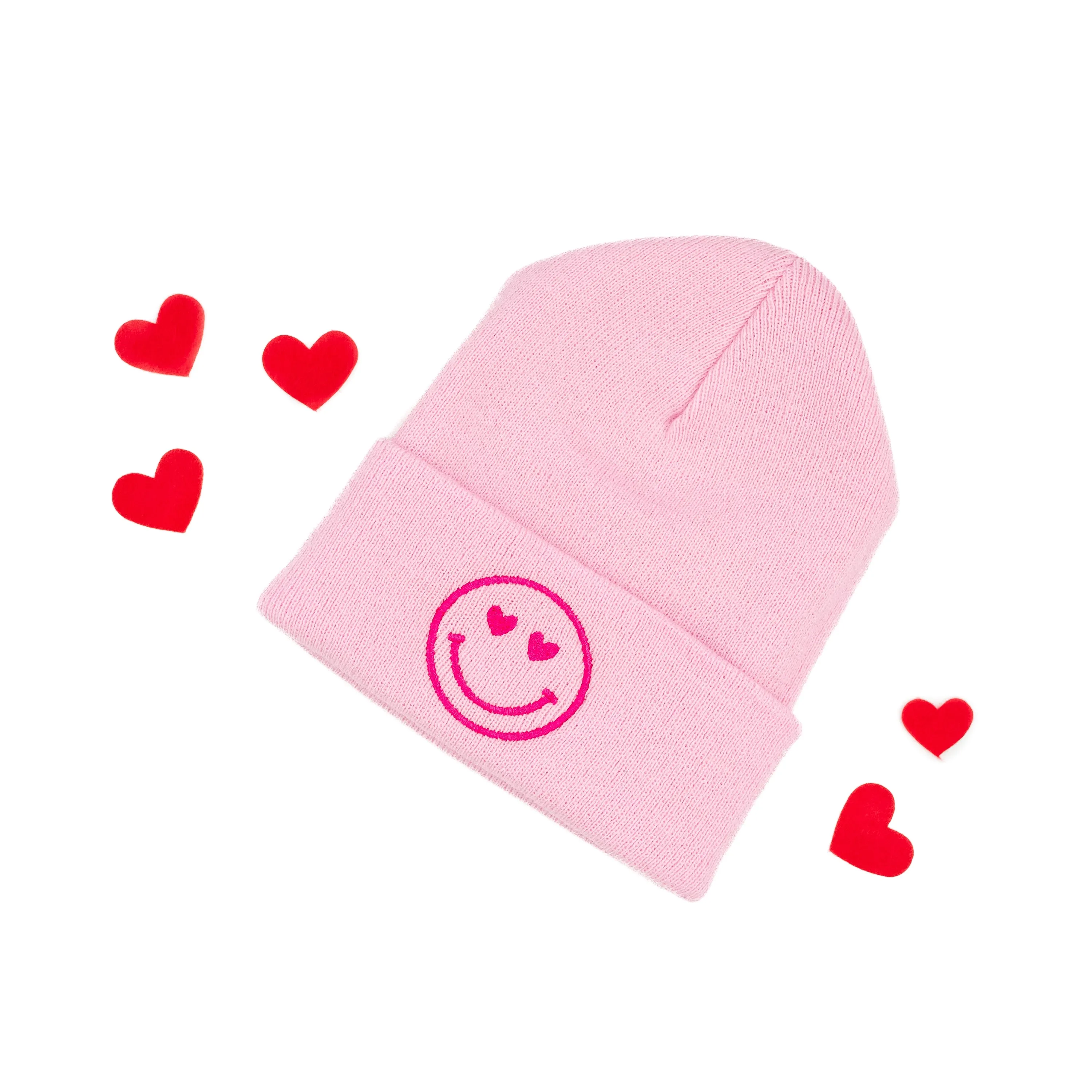 Adult Beanie - Heart Eye Smiley - Light Pink w/ Hot Pink