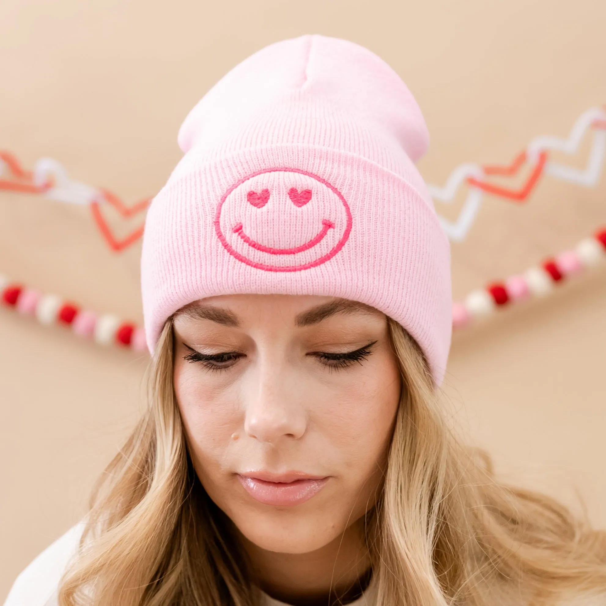 Adult Beanie - Heart Eye Smiley - Light Pink w/ Hot Pink