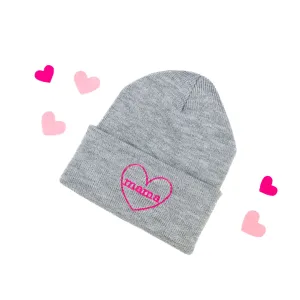 Adult Beanie - Mama Heart Around - Gray w/ Hot Pink