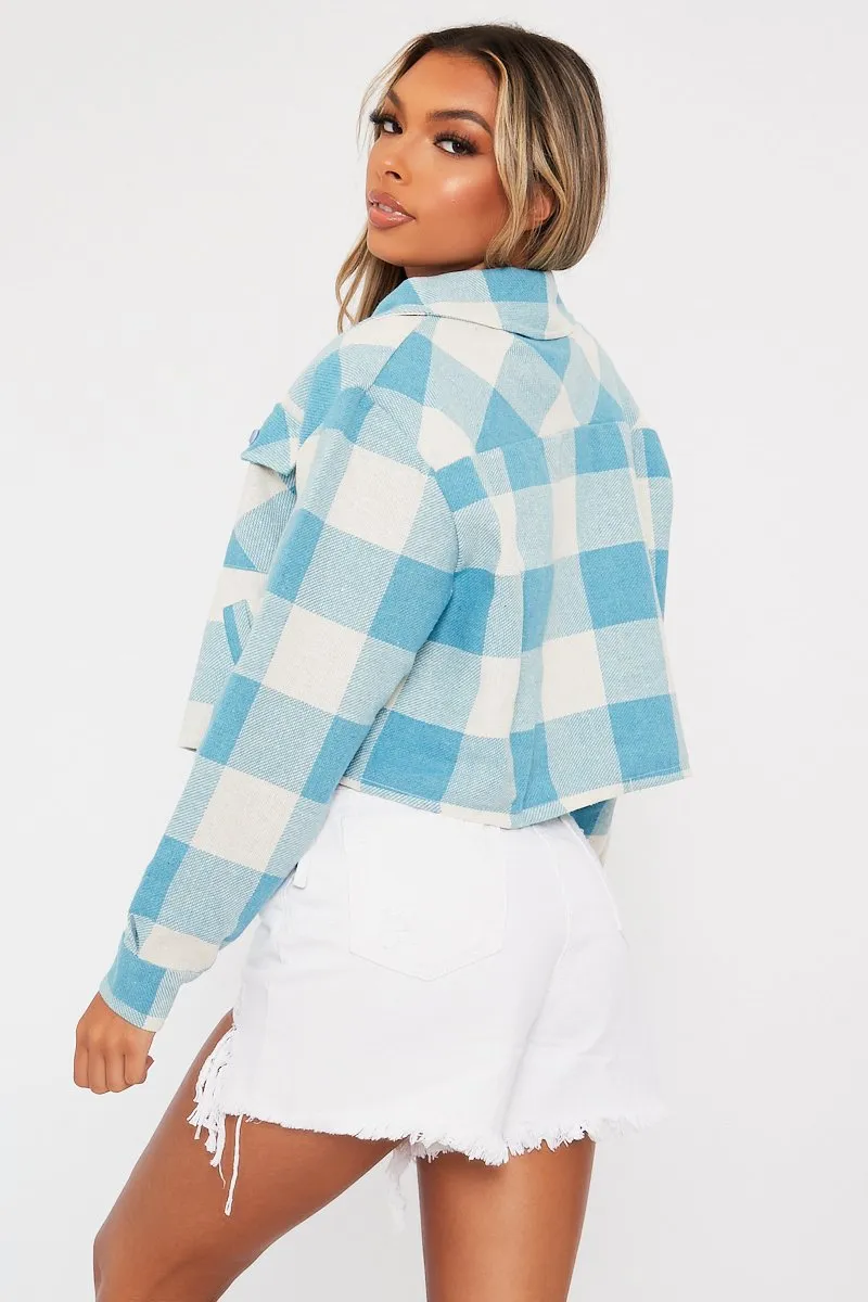 Aqua Brushed Checked Cropped Shacket - Carina