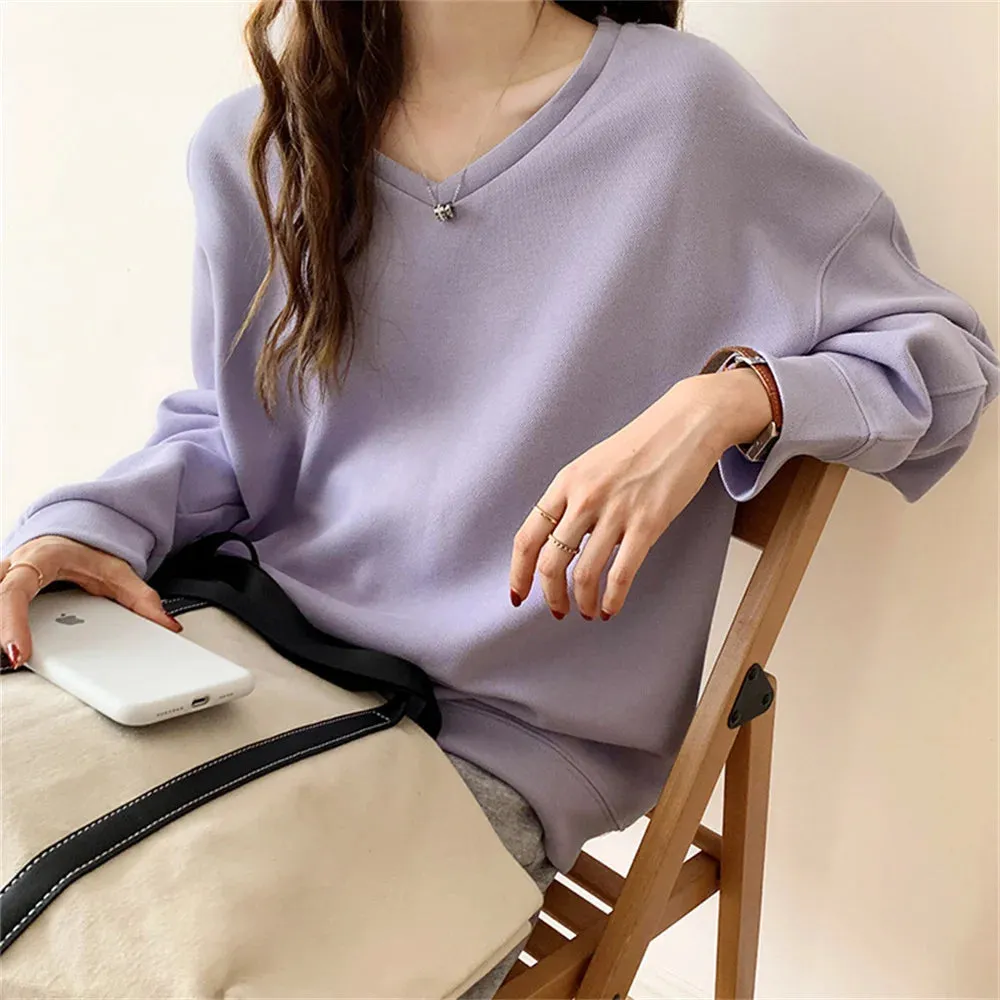 Autumn V-Neck Women Sweatshirts 2021 Solid Color Korean Hoodie Comfortable Loose Fashion Casual OL Elegant Lady Tops S-L