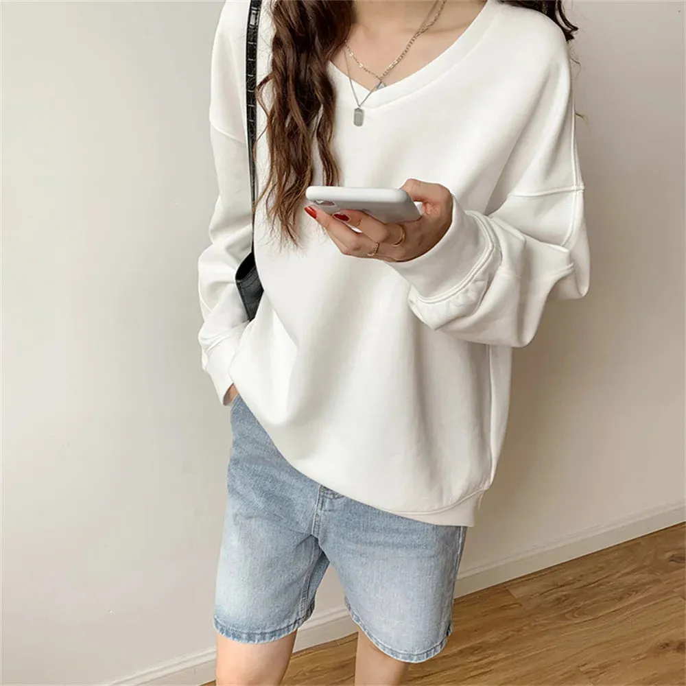 Autumn V-Neck Women Sweatshirts 2021 Solid Color Korean Hoodie Comfortable Loose Fashion Casual OL Elegant Lady Tops S-L