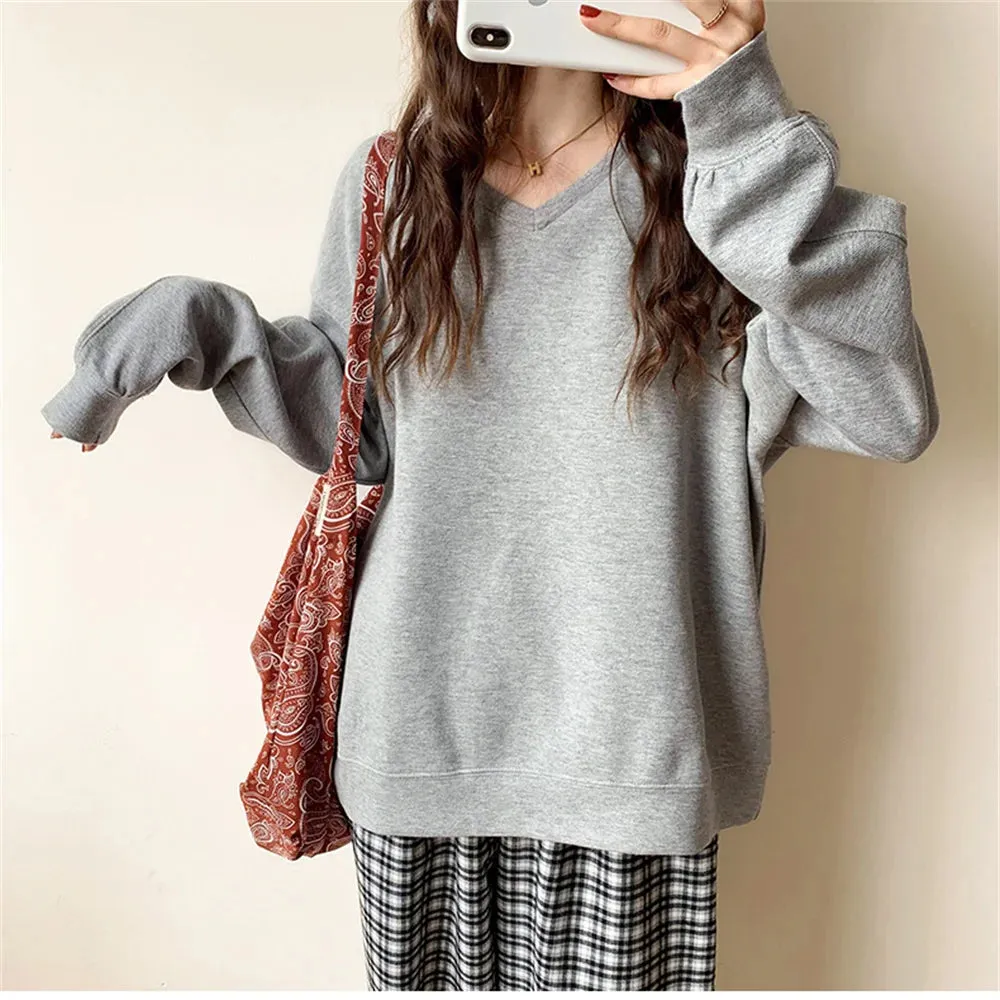 Autumn V-Neck Women Sweatshirts 2021 Solid Color Korean Hoodie Comfortable Loose Fashion Casual OL Elegant Lady Tops S-L