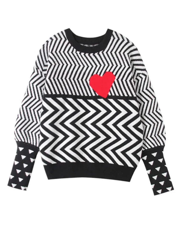 Autumn Winter Women Sweaters Geometric Heart Pattern Long Sleeve Tops Lovely Pullovers Knitted Loose Jumper C-005