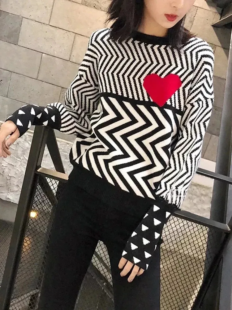 Autumn Winter Women Sweaters Geometric Heart Pattern Long Sleeve Tops Lovely Pullovers Knitted Loose Jumper C-005