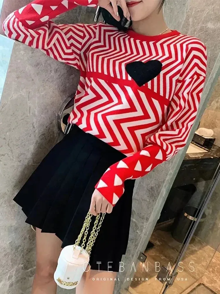 Autumn Winter Women Sweaters Geometric Heart Pattern Long Sleeve Tops Lovely Pullovers Knitted Loose Jumper C-005