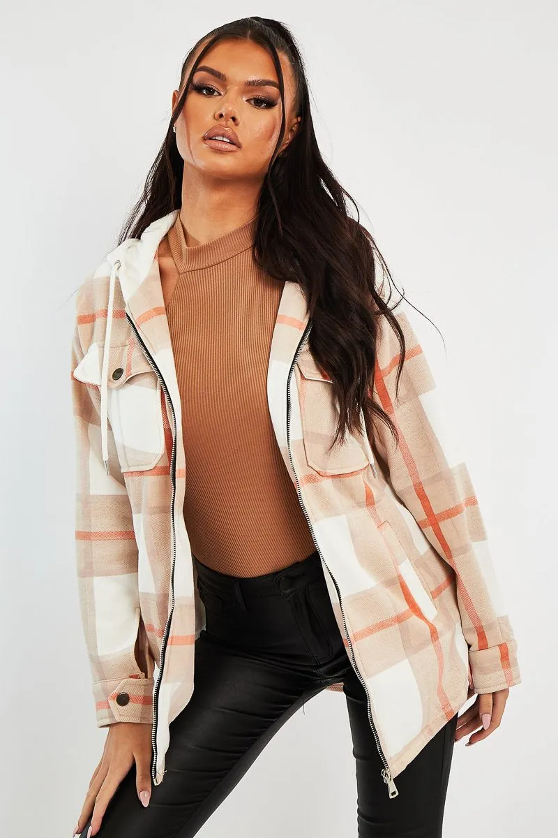 Beige Check Hooded Shacket - Destyn