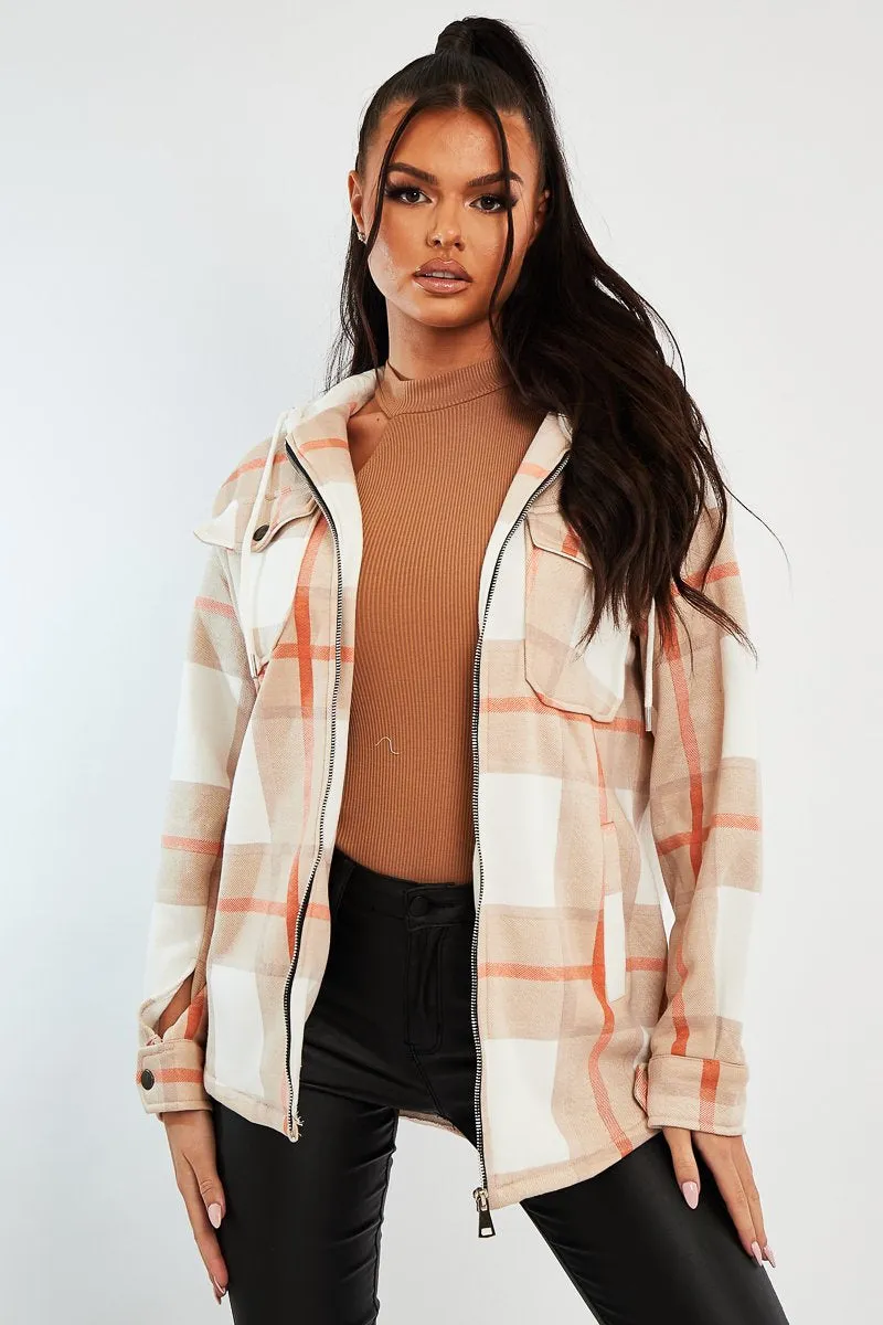 Beige Check Hooded Shacket - Destyn