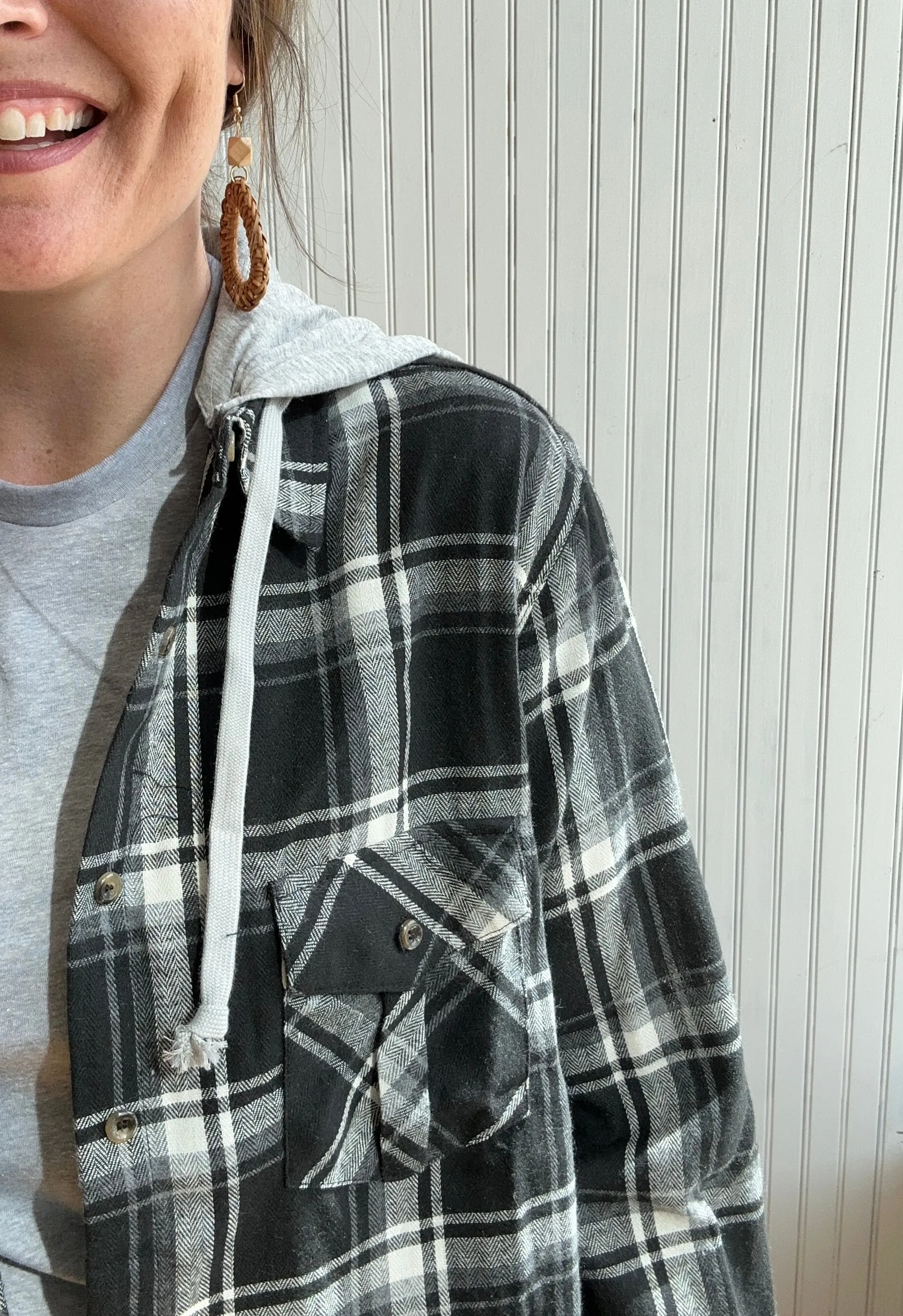 Black & White Lightweight Plaid Shacket with Hood