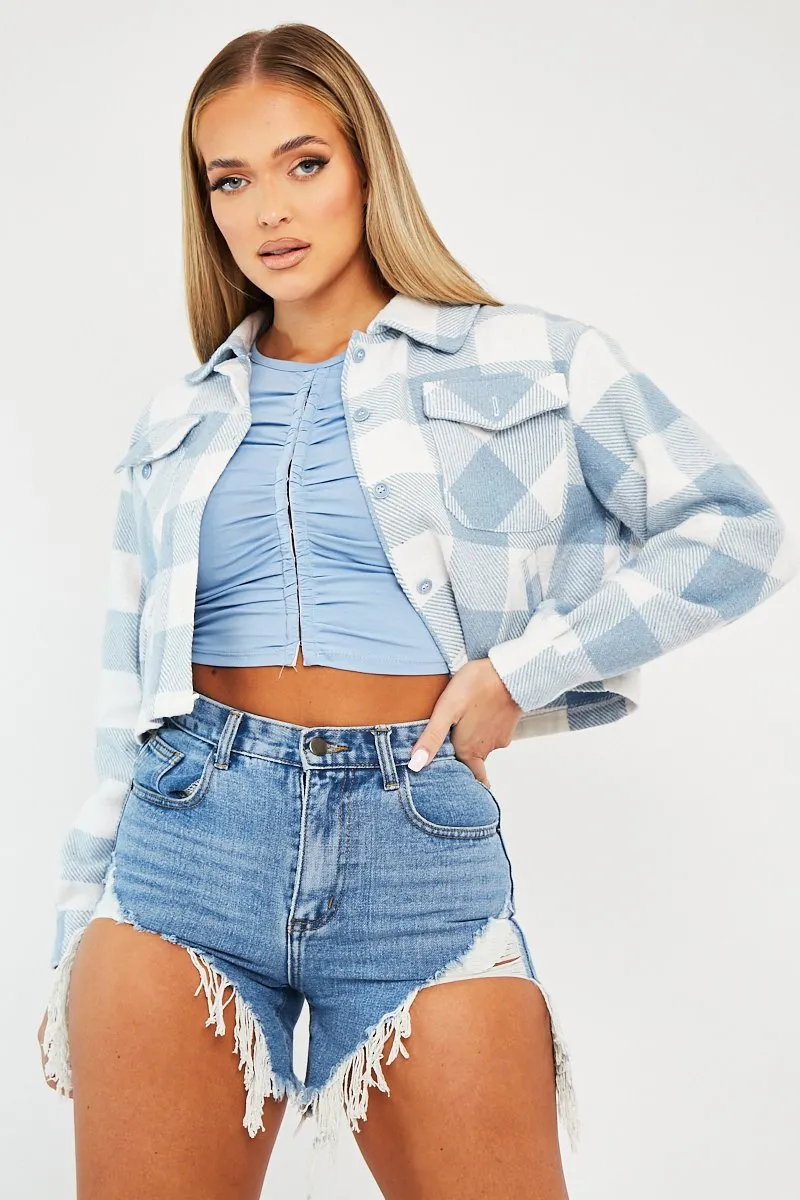 Blue Brushed Checked Cropped Shacket - Carina