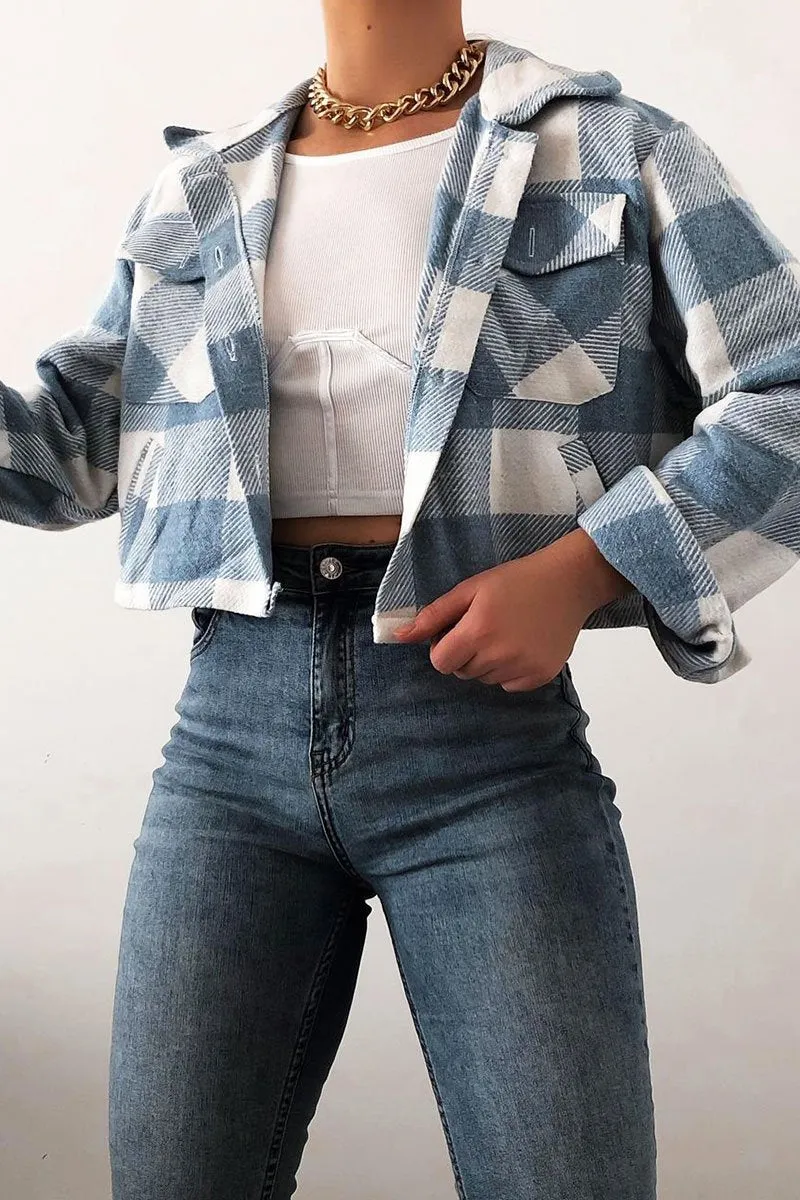 Blue Brushed Checked Cropped Shacket - Carina