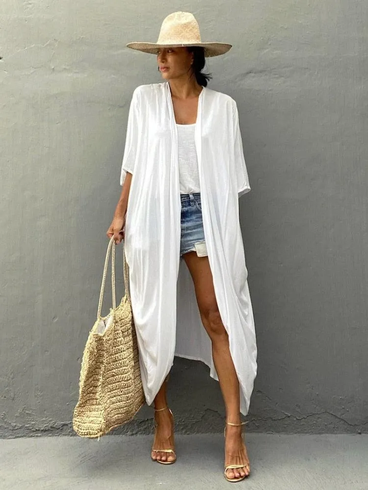 Bohemian Long Kimono, Beach Cover Up Kimono, Solid Color Bohemian Kimono