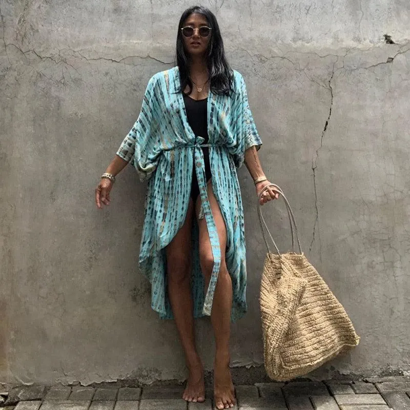 Bohemian Long Kimono, Beach Cover Ups Kimono, Tie Dye Kimono, Swimsuit Cape Summer Dress, Beachwear Cover Up Dress