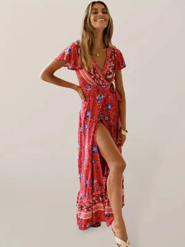 Bohemian long skirt national style sexy V-neck cardigan tunic print dress