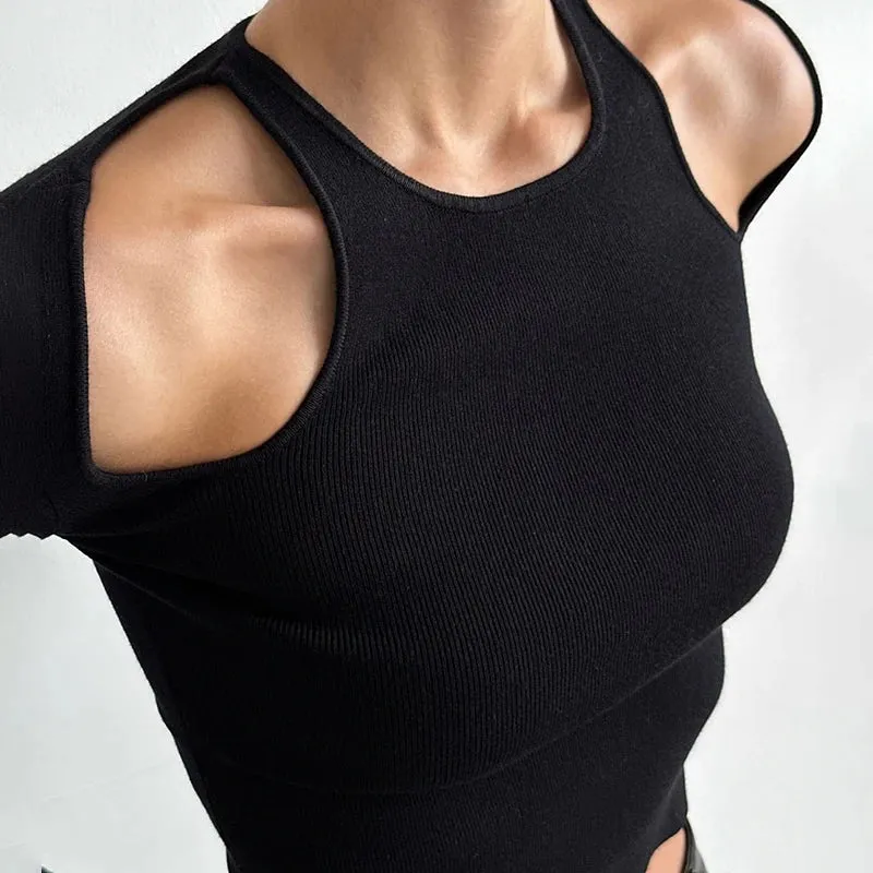 Casual Black Skinny Autumn Sweater for Women Cut Out Solid All-Match Pullover Knit Crop Korean Fashion Jumper Outfits