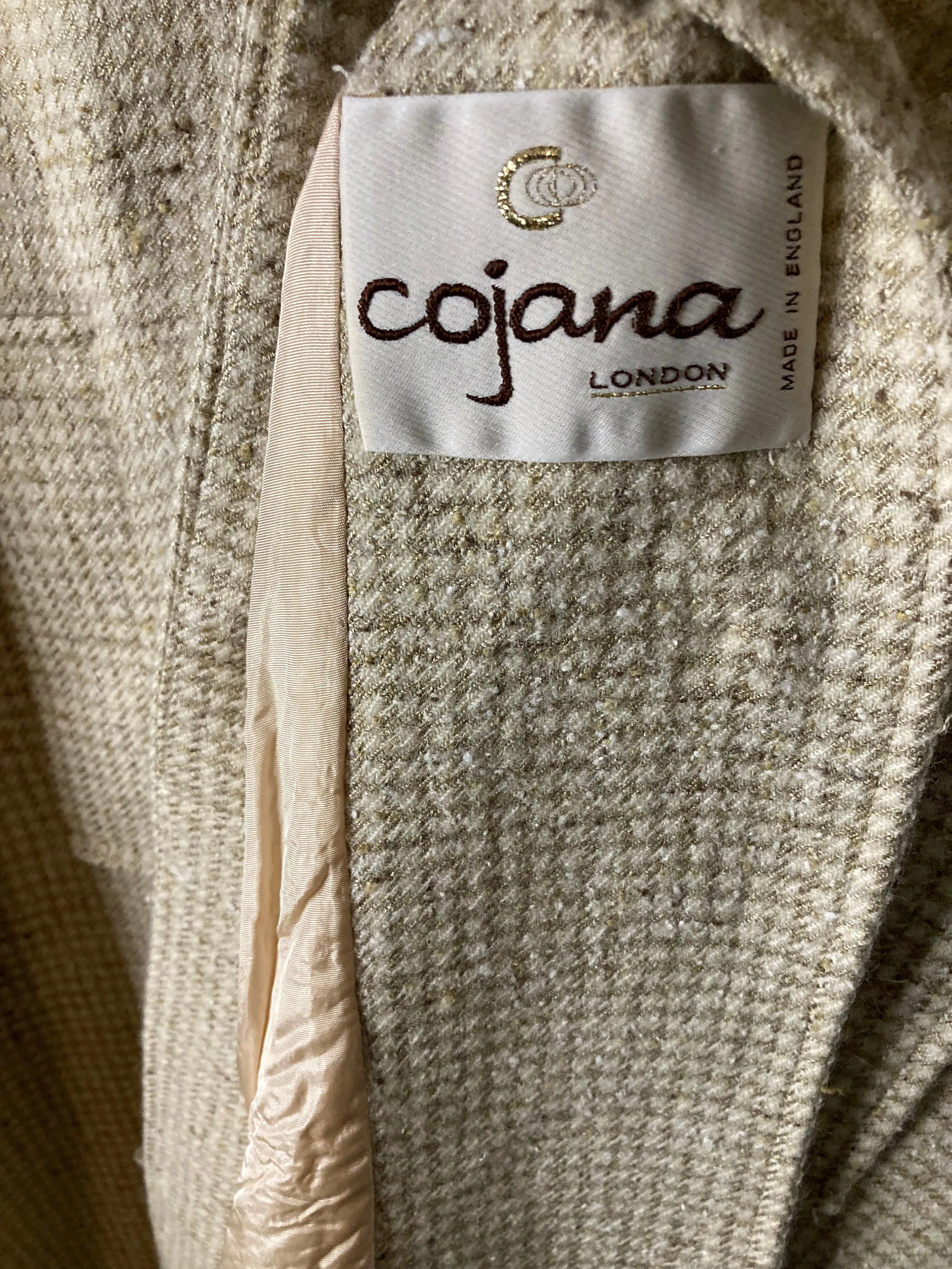 Cojana Wool Blend Cream dog tooth patterned 3/4 Bat Winged Sleeved Coat UK Size 14