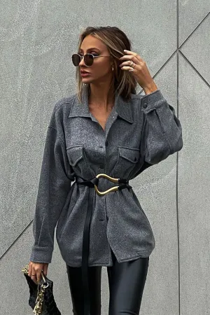 Dark Grey Pocket Oversized Brushed Shacket - Caley