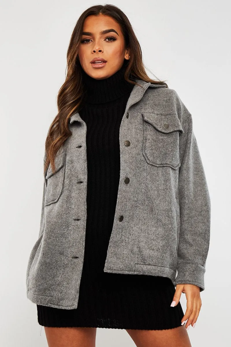 Dark Grey Pocket Oversized Brushed Shacket - Caley