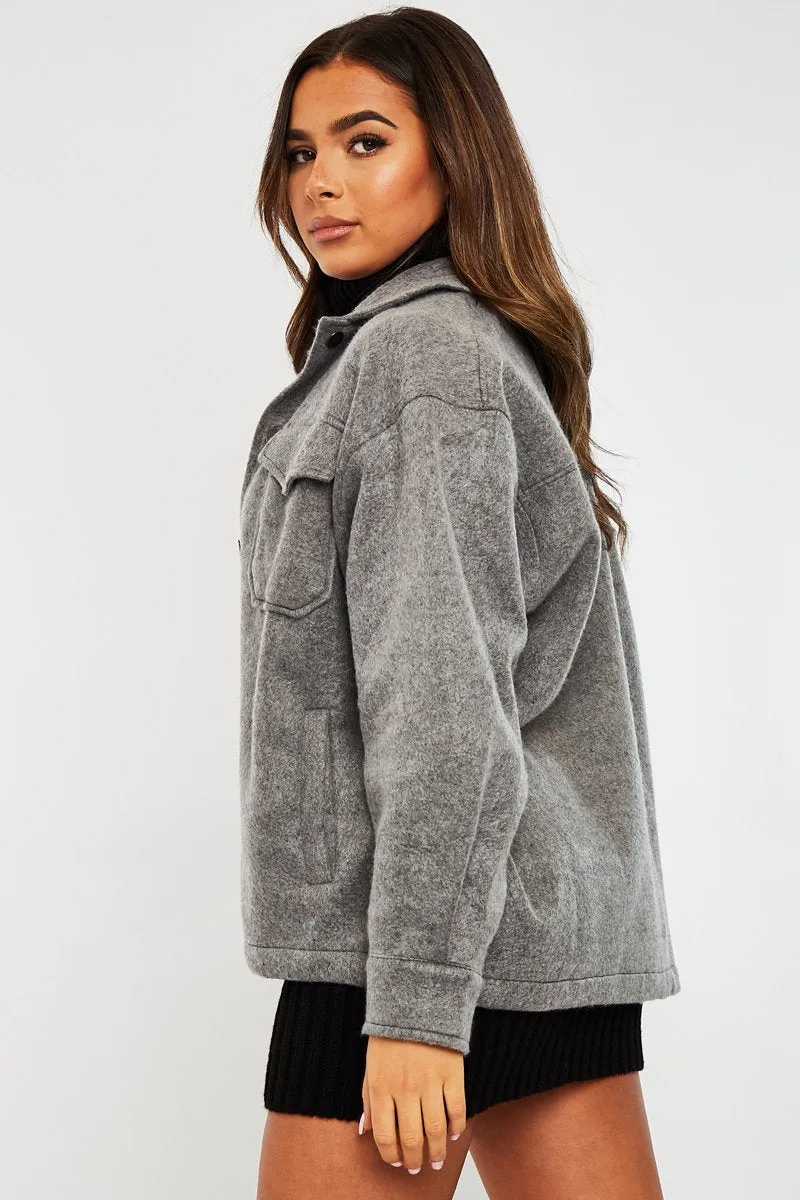 Dark Grey Pocket Oversized Brushed Shacket - Caley