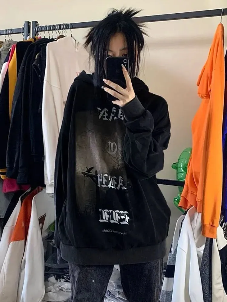 Deeptown Gothic Goth Dark School Dark Academy Hoodie Harajuku Women 2023 Autumn Streetwear Black Long Sleeve Top Pullover