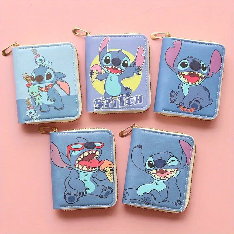 Disney Stitch Enchanting Wallet - Compact Zip-Up Coin Purse with Colorful Cartoon Print, Mini PU Leather Card Holder for Disney Fans