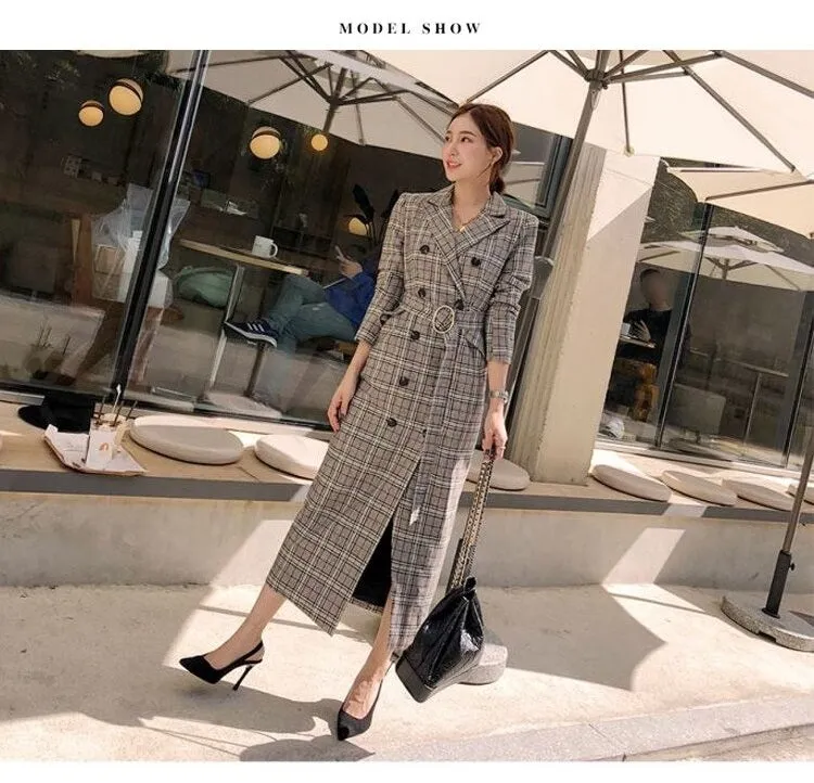 Double Breasted Long Trench plaid Windbreaker Long Sleeve Overcoat