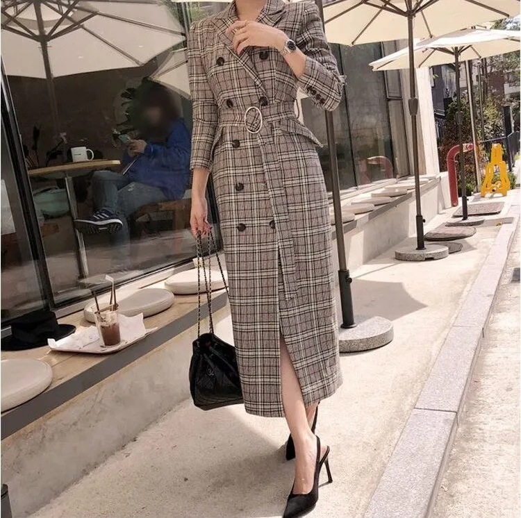 Double Breasted Long Trench plaid Windbreaker Long Sleeve Overcoat