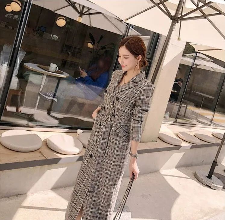 Double Breasted Long Trench plaid Windbreaker Long Sleeve Overcoat