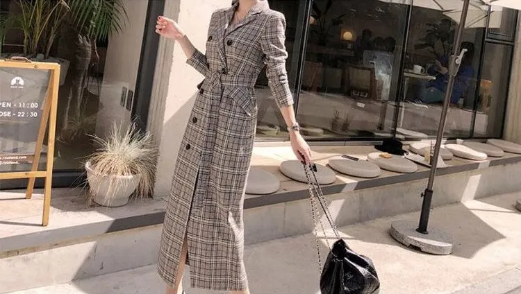 Double Breasted Long Trench plaid Windbreaker Long Sleeve Overcoat