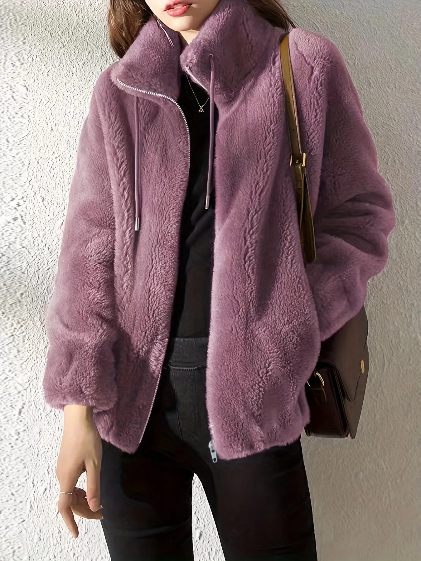 Drawstring Zip Up Long Sleeve Teddy Coat