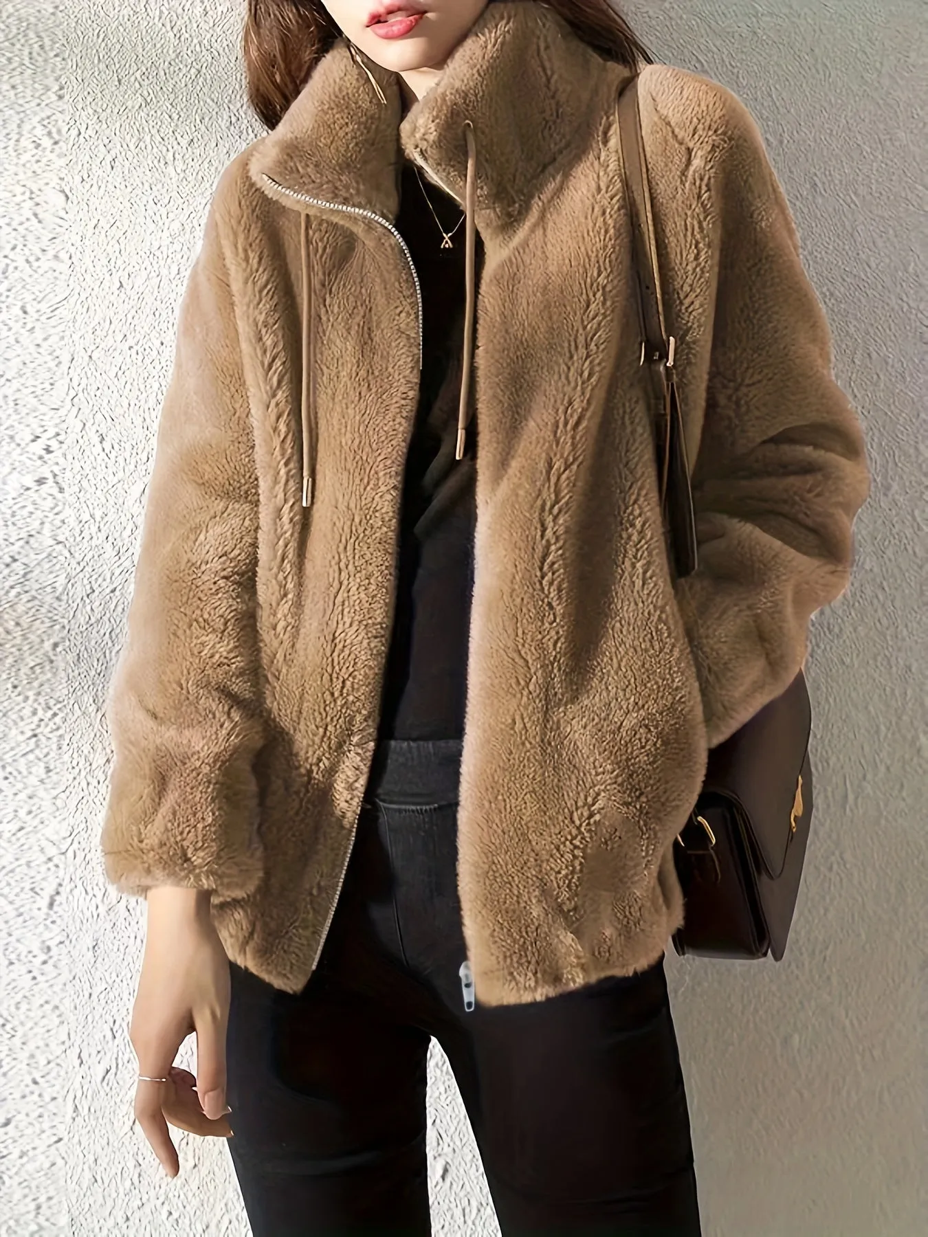 Drawstring Zip Up Long Sleeve Teddy Coat