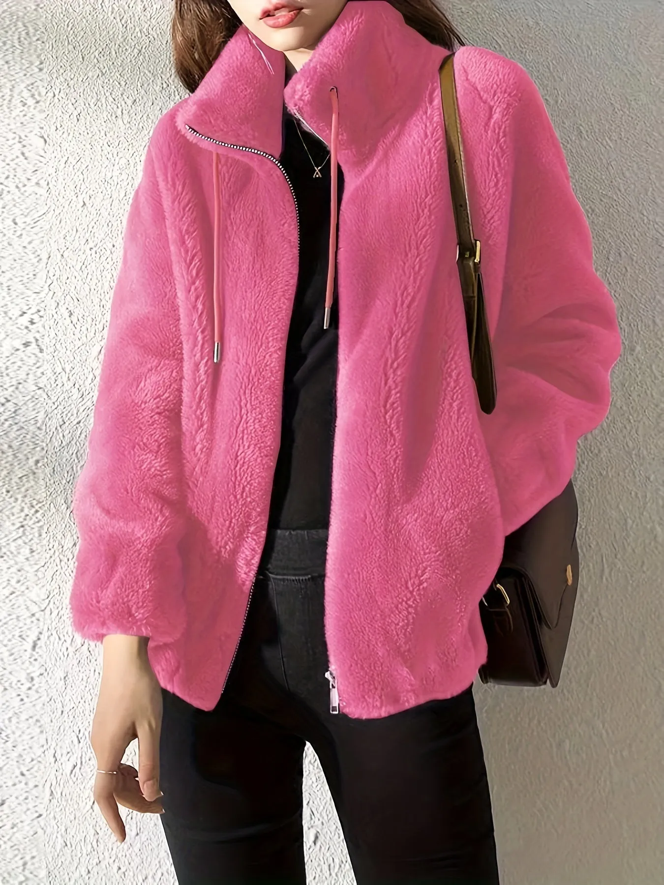 Drawstring Zip Up Long Sleeve Teddy Coat