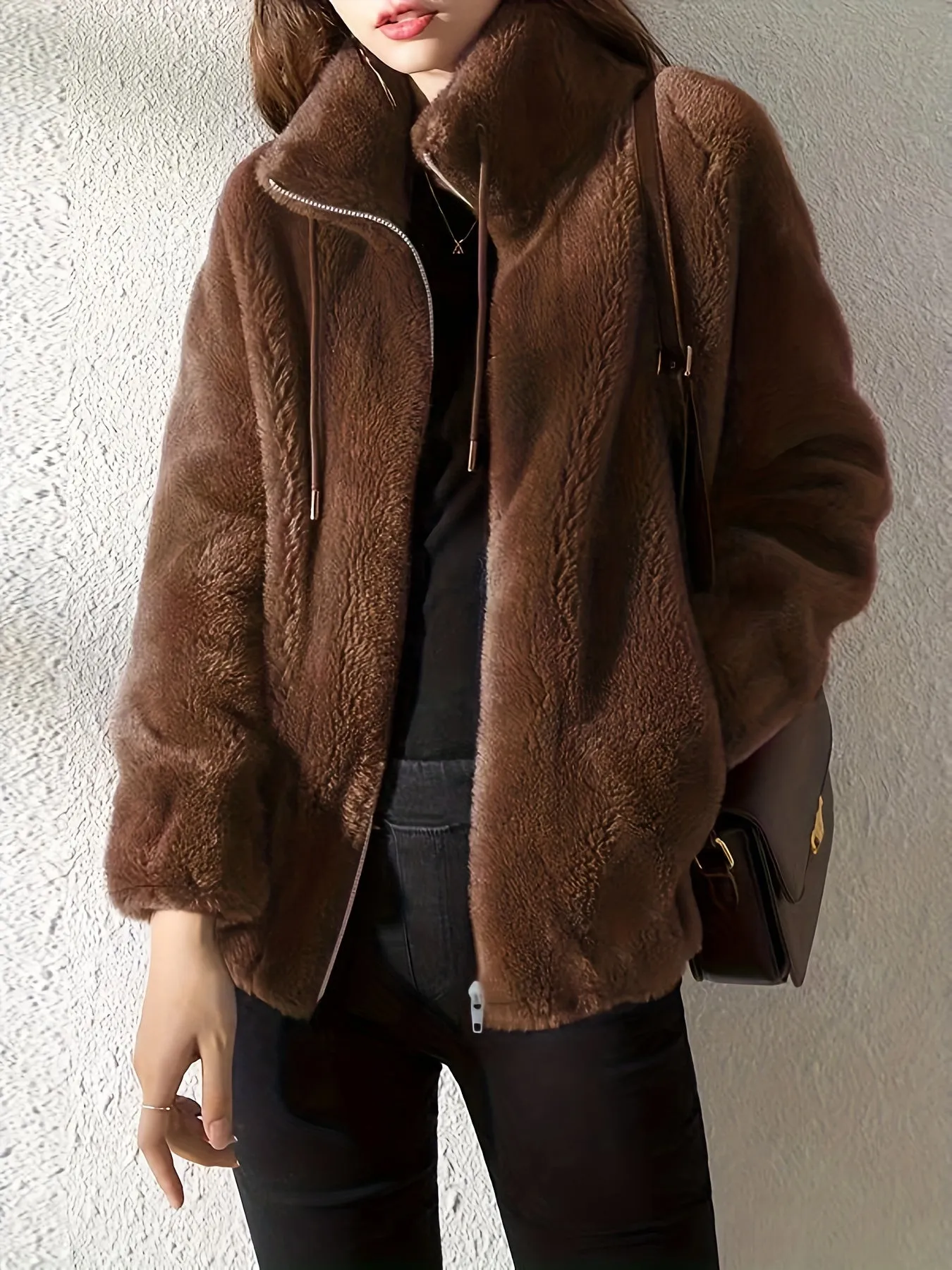 Drawstring Zip Up Long Sleeve Teddy Coat