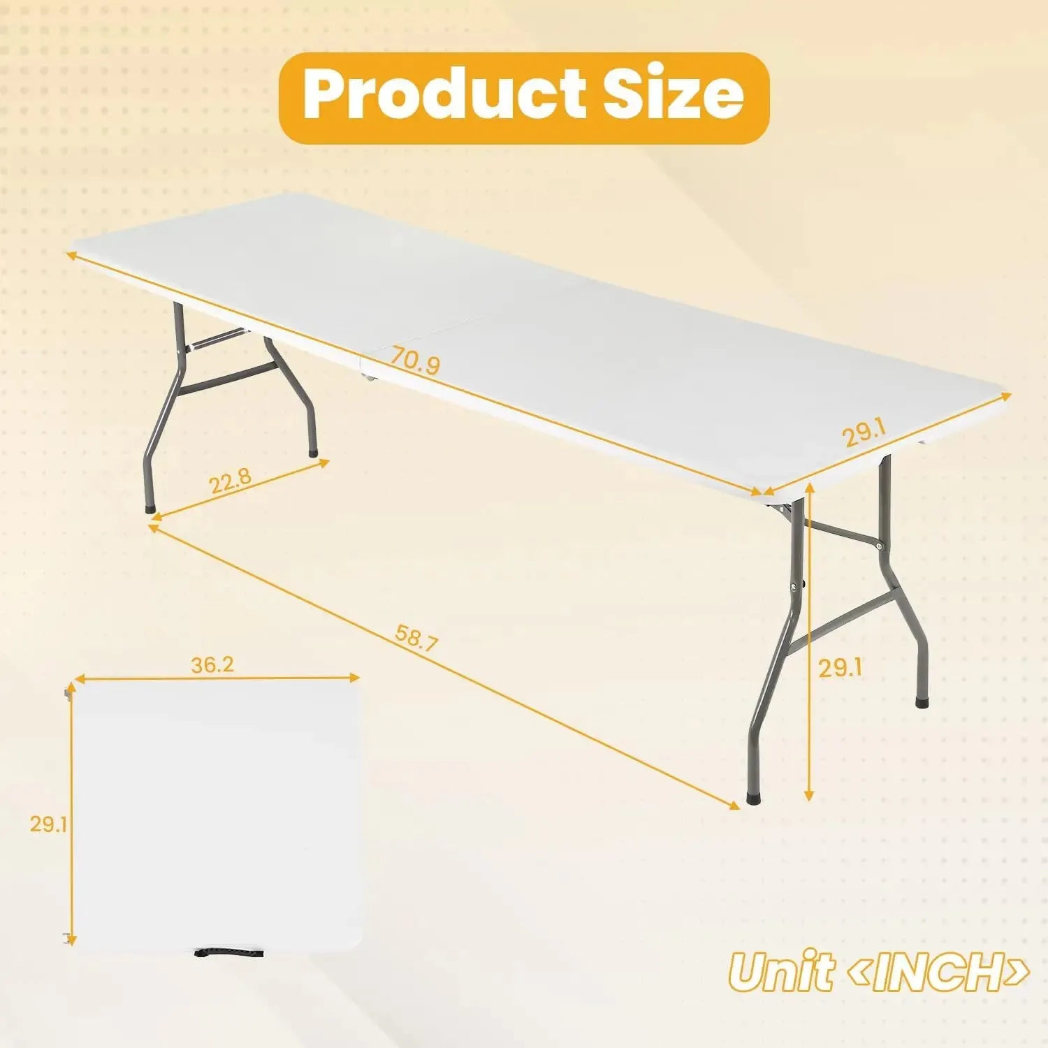 Folding Half Portable Foldable Table for Parties Backyard Events (White, 6 FT 70 * 29) (White, 6 FT)