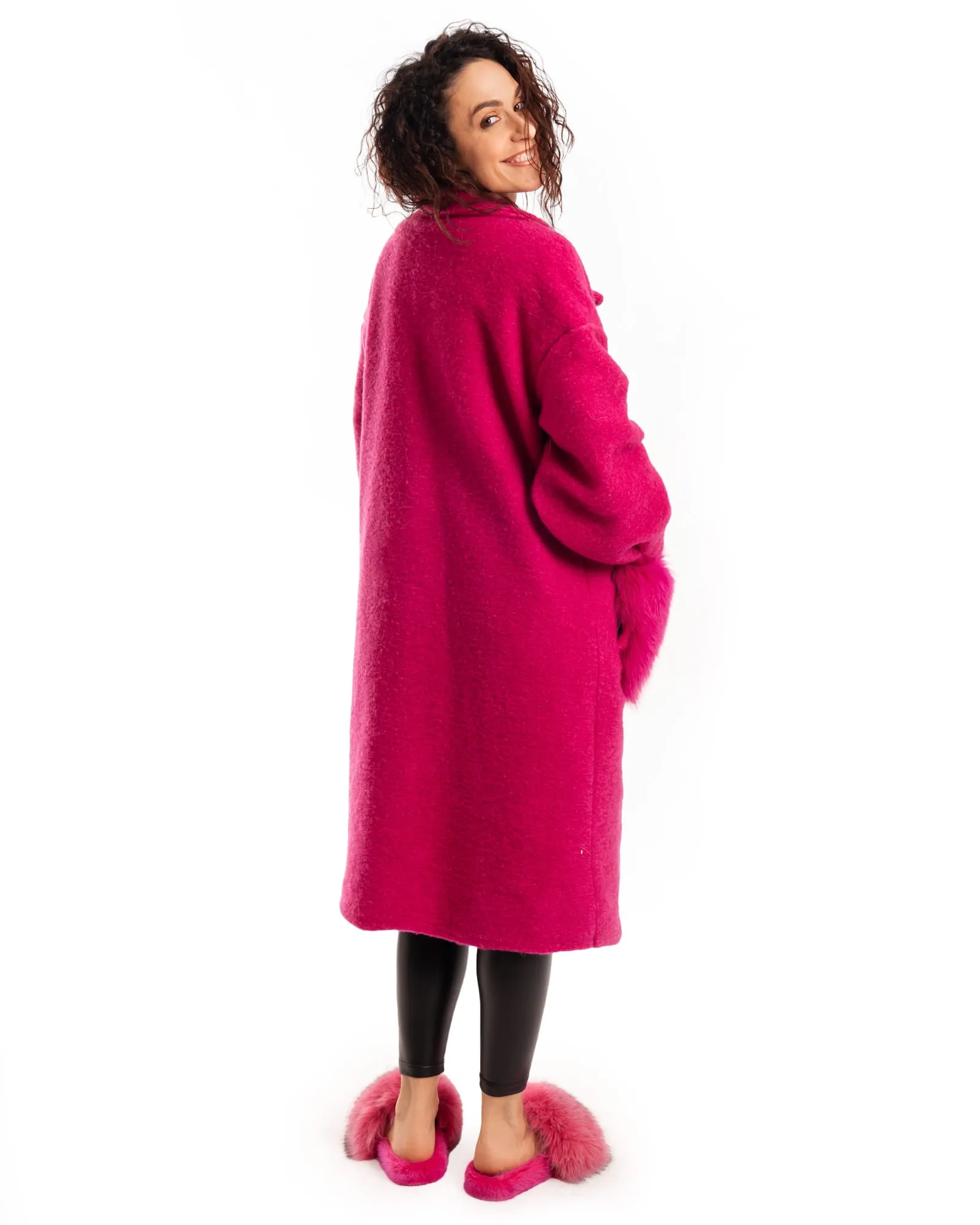 Fuchsia Patterned Fox Coat With Pockets