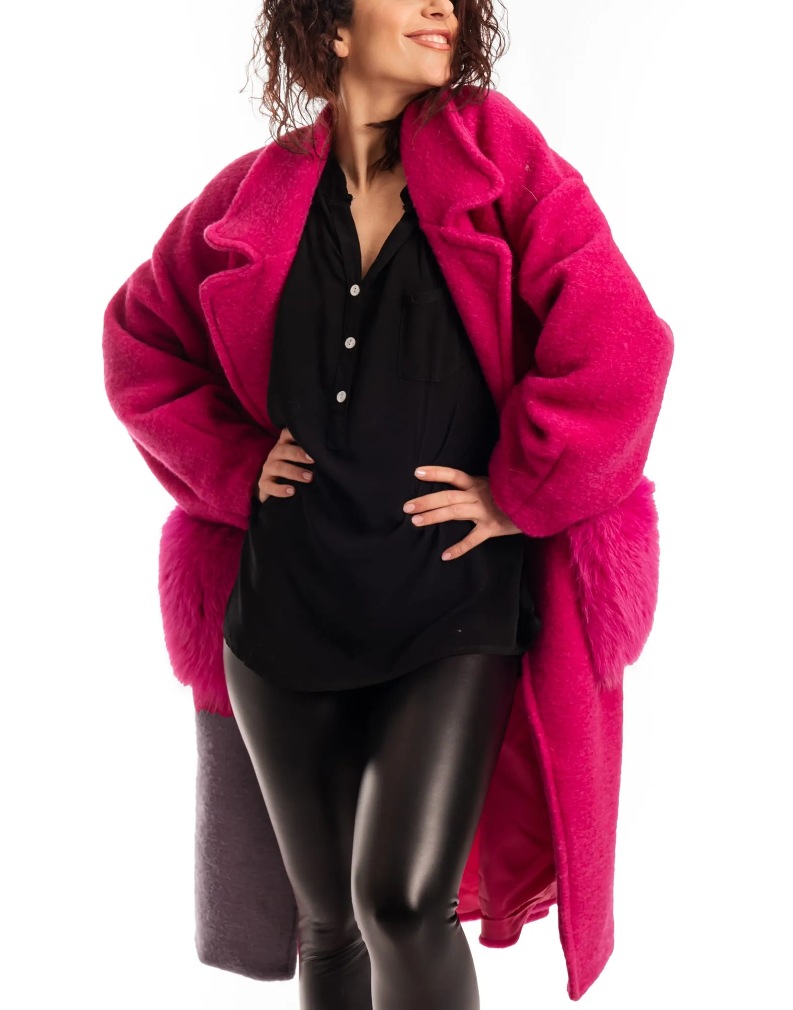 Fuchsia Patterned Fox Coat With Pockets