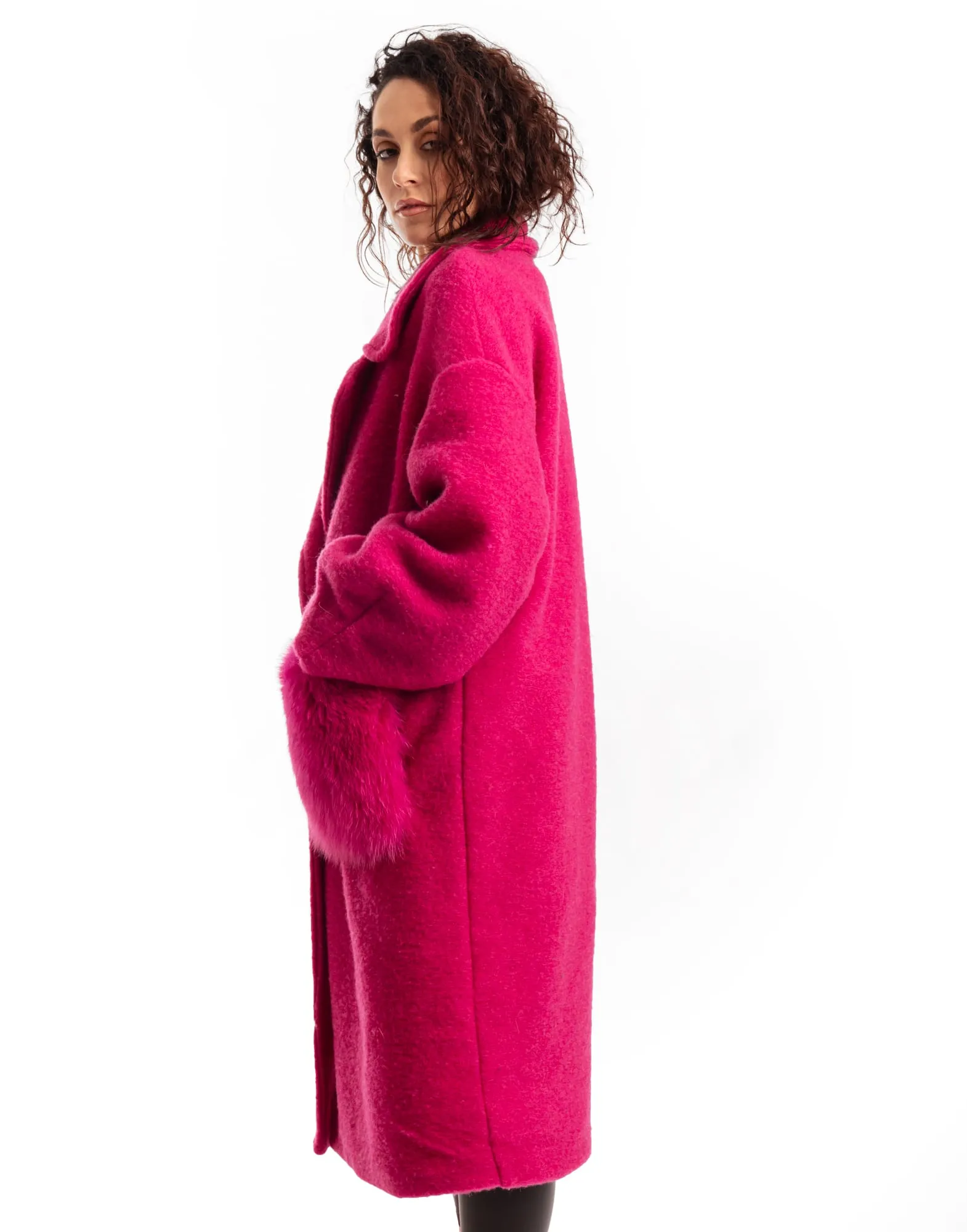 Fuchsia Patterned Fox Coat With Pockets