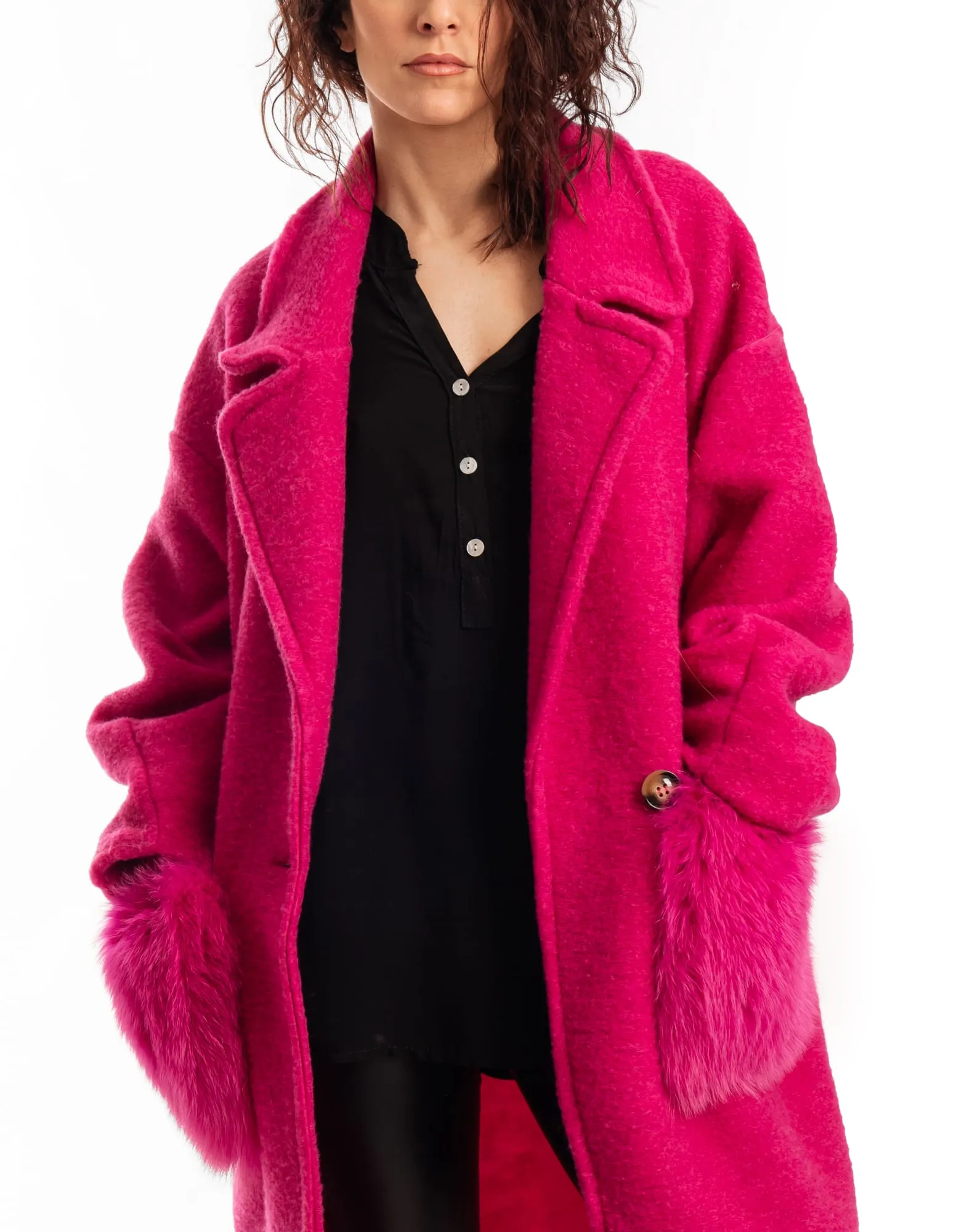 Fuchsia Patterned Fox Coat With Pockets