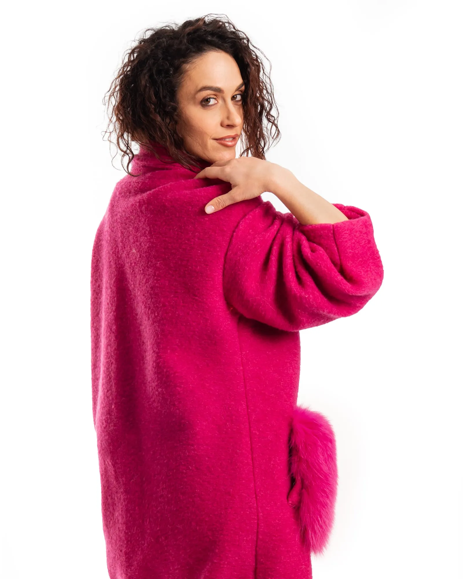 Fuchsia Patterned Fox Coat With Pockets