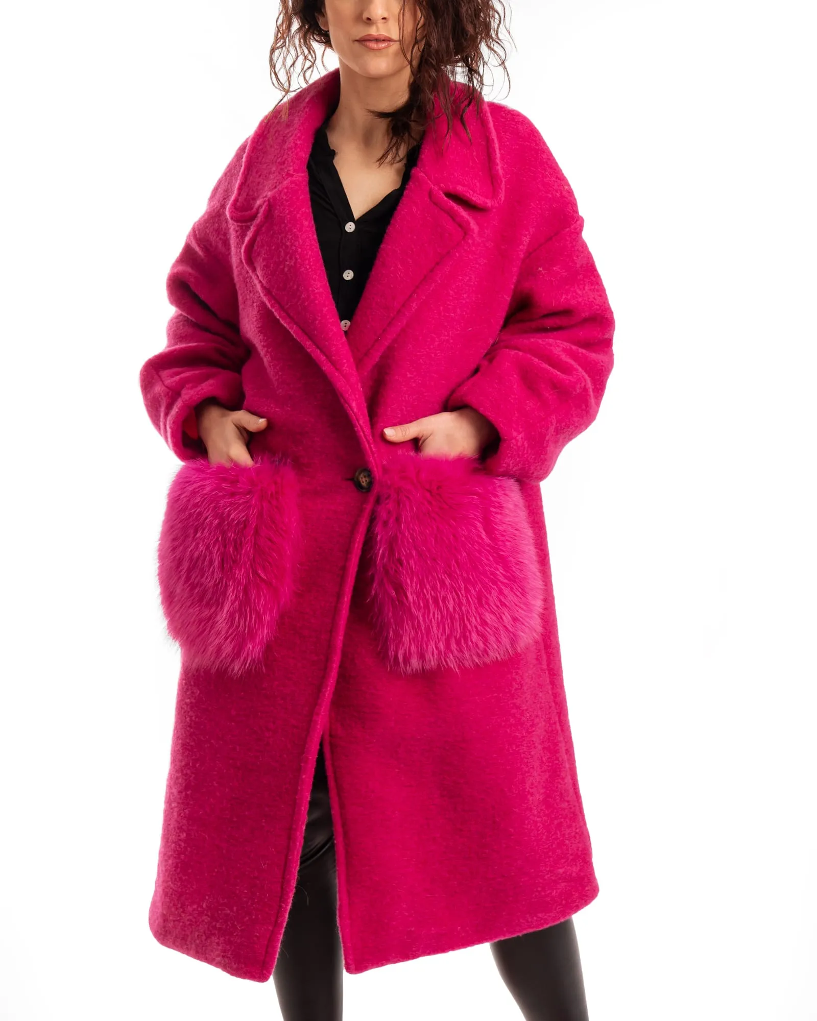 Fuchsia Patterned Fox Coat With Pockets