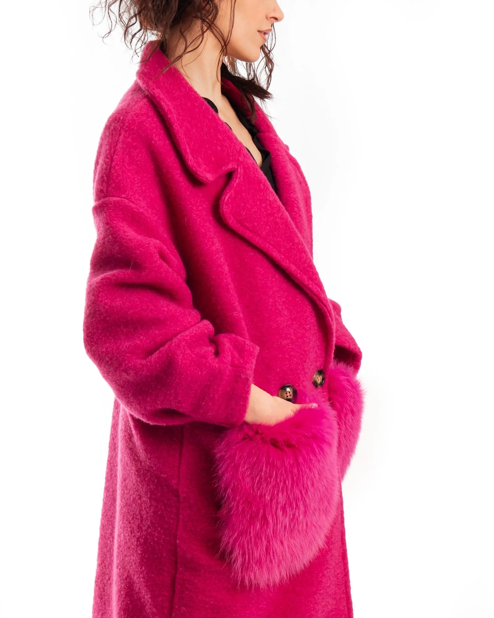 Fuchsia Patterned Fox Coat With Pockets