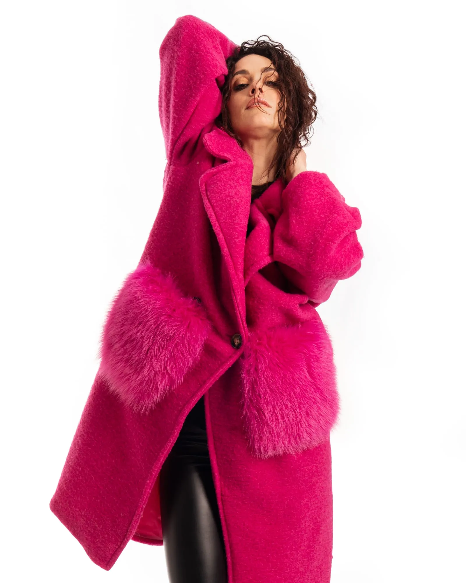 Fuchsia Patterned Fox Coat With Pockets