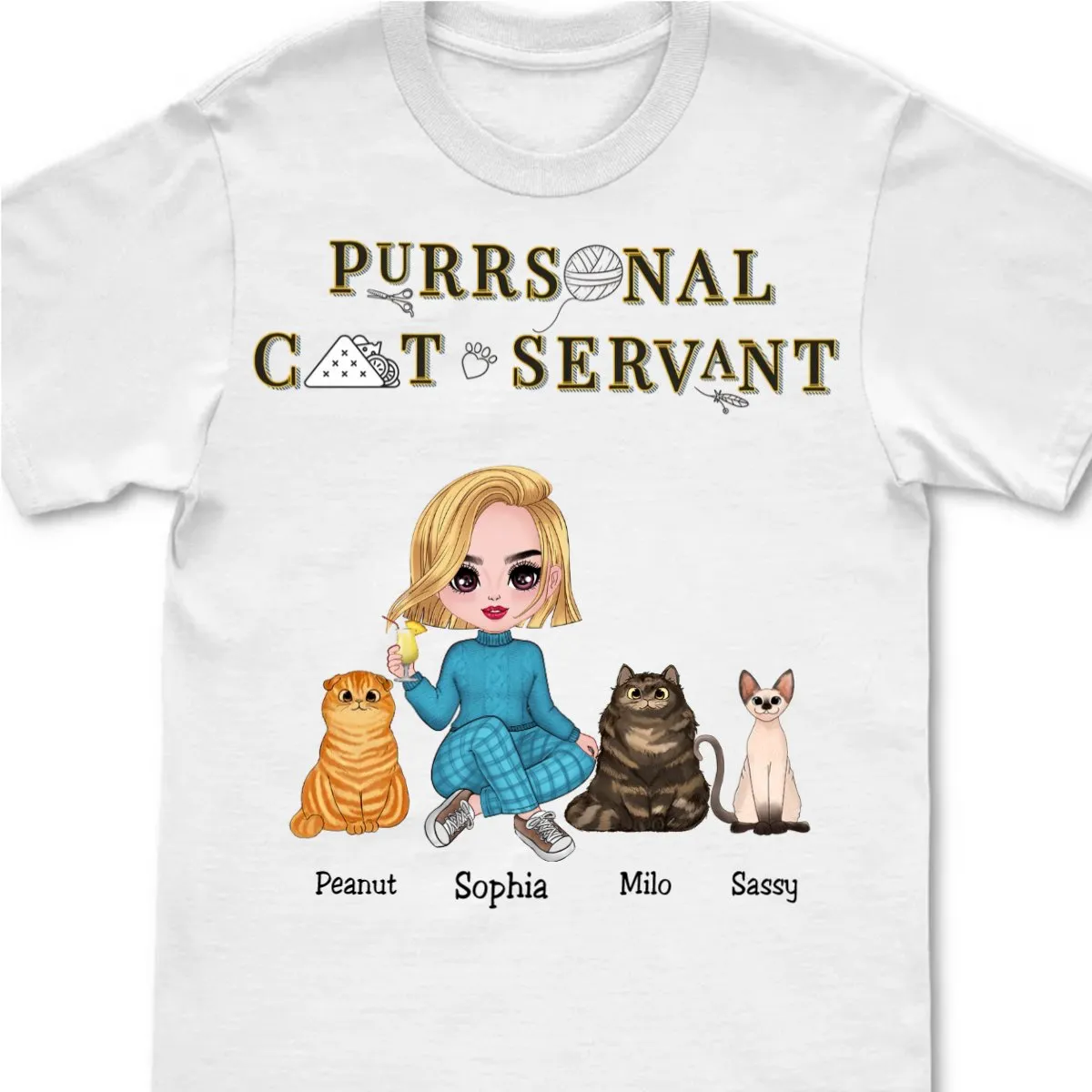 Girl & Cats - Purrsonal Cat Servant - Personalized Unisex T-Shirt (White)