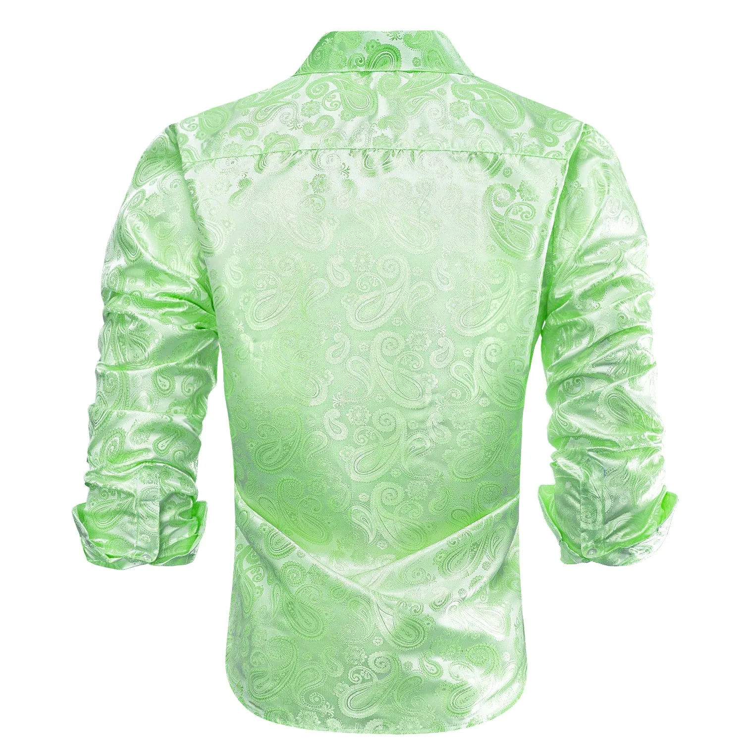 Hi-Tie Apple Green Paisley Silk Men's Long Sleeve Dress Shirt Casual