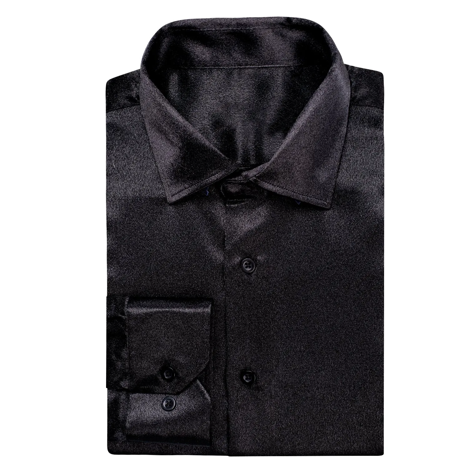 Hi-Tie Black Silk Button Up shirt Black Satin Men's Long Sleeve Shirt