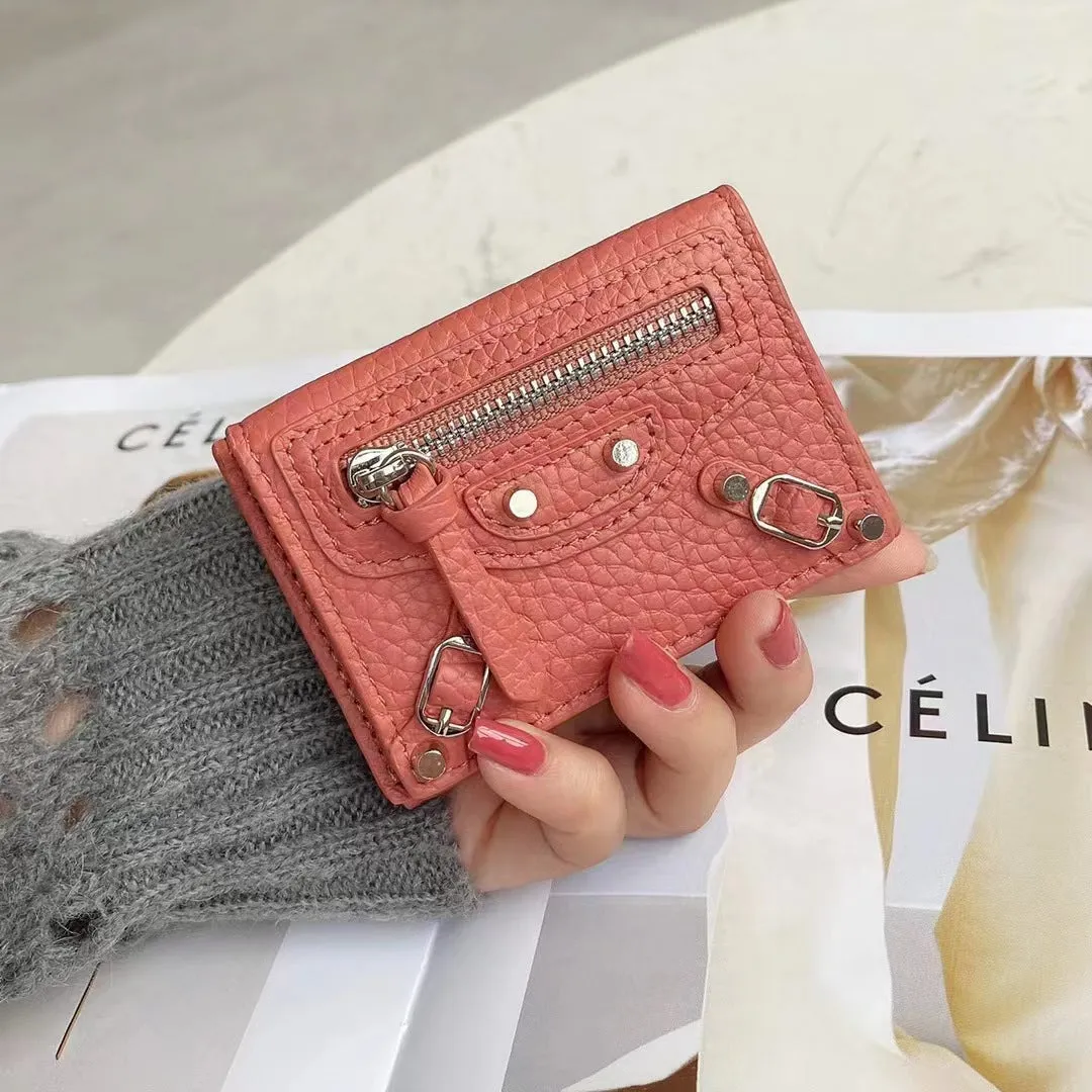 HOTan and NEWn Compact Mini Wallet Leather Wallet Women's Short and Thin Motorcycle Coin Purse Tri Fold Wallet Liu Ding