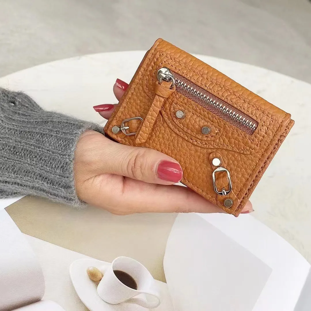 HOTan and NEWn Compact Mini Wallet Leather Wallet Women's Short and Thin Motorcycle Coin Purse Tri Fold Wallet Liu Ding